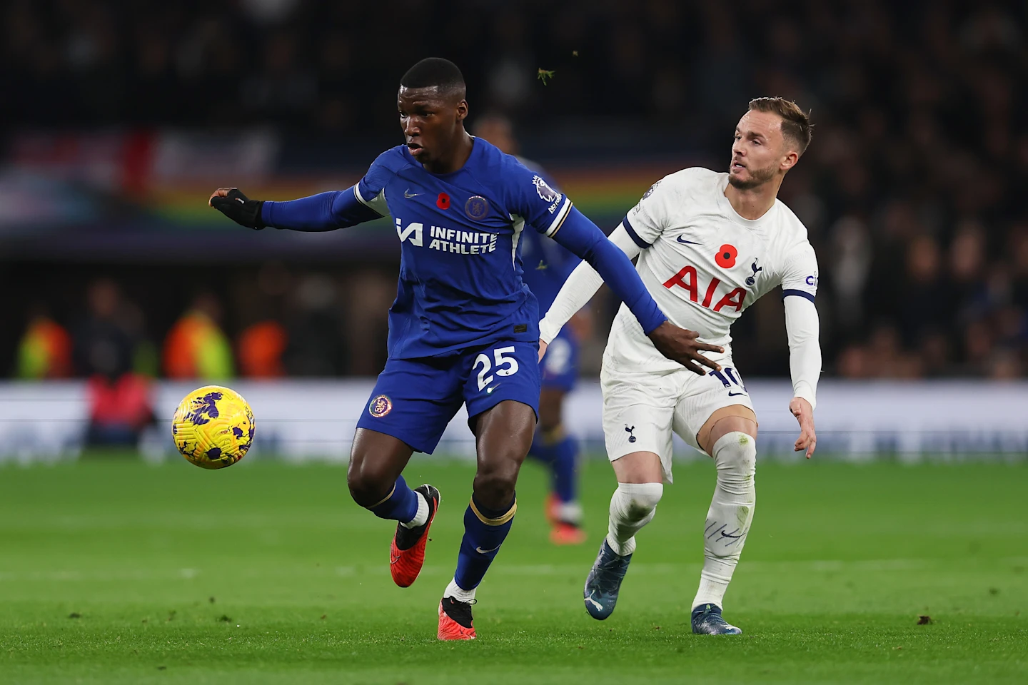 Chelsea Midfielder Caicedo been tackled by Tottenham's Midfielder, Maddison. Photo credit- Skysports