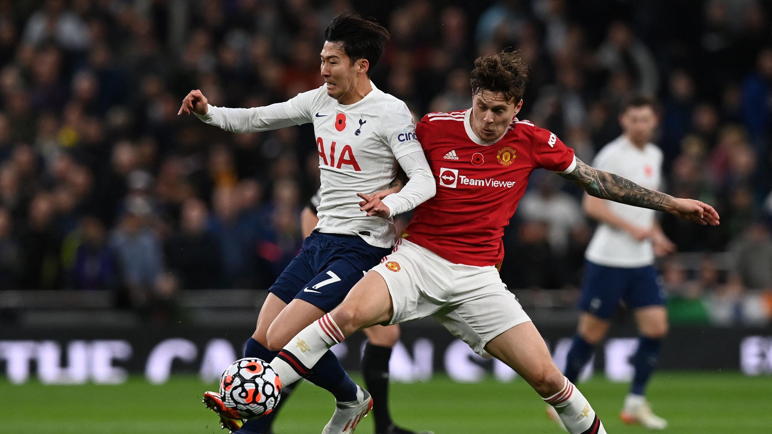 Tottenham Player, Son been tackeld by Manchester United player, Lindelof in a 2022/23 Premier League Fixture. Photo Credit- Eurosport