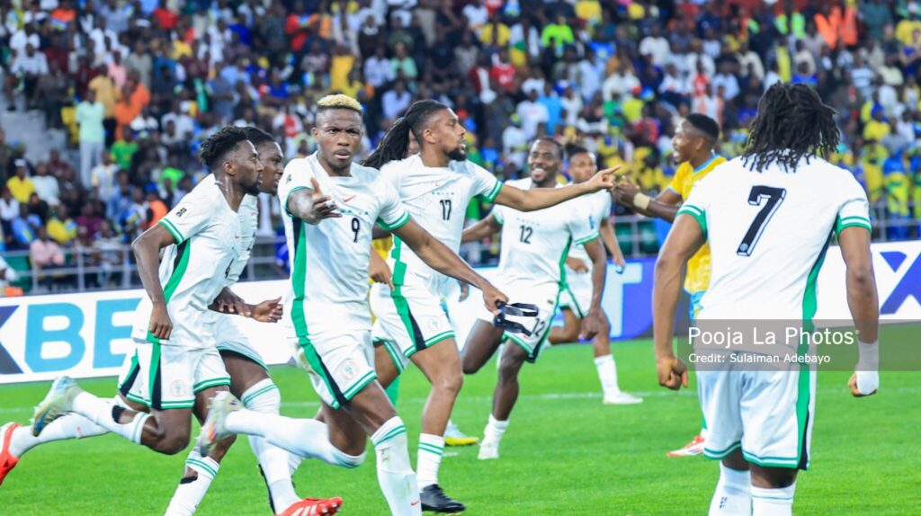 Nigerian Forward, Victor Osimhen celebrating his first goal from Ademola Lookman set-piece free kick with fellow teammates. Photo Credit- Premium Times