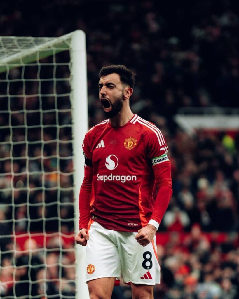 Manchester United and Portugal's midfielder, Bruno Fernandes, celebrating his goal. Photo Credit- Sky Sports