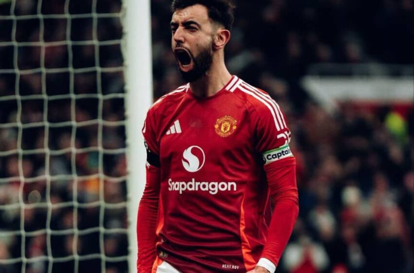 Manchester United and Portugal's midfielder, Bruno Fernandes, celebrating his goal. Photo Credit- Sky Sports