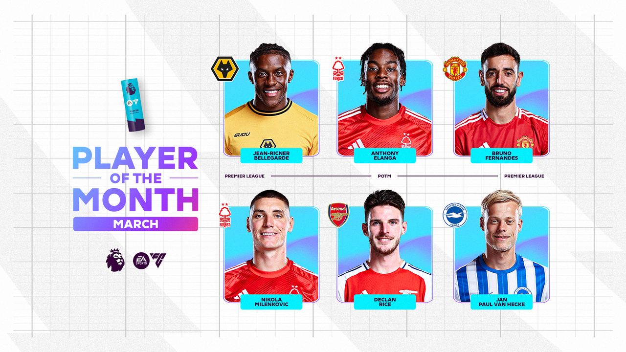 Bruno, Elanga, Rice, and others battle for March Barclays player of the month award. Photo Credit- Premier League