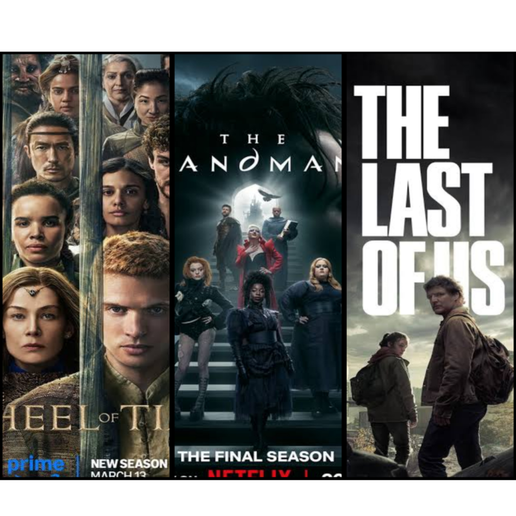 Theatrical release poster of Wheel of Time (left), The Sandman (center), and The Last of Us (right). Photo Credit- Author's collage