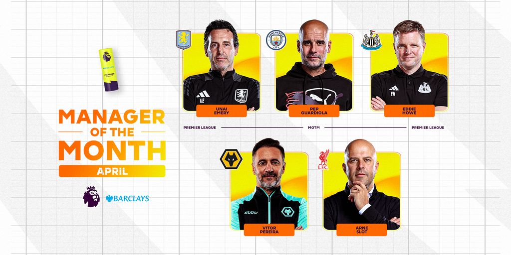 Emery, Guardiola, Howe, Periera, and Slot as contenders for April 2025 manager of the month in the Premier League. Photo Credit- Premier League