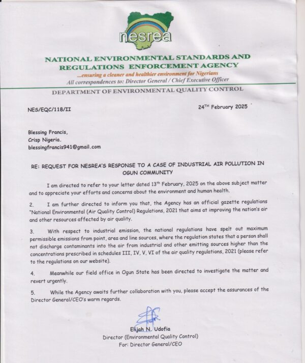 A copy of NESREA's letter on Crisp Nigeria's investigation