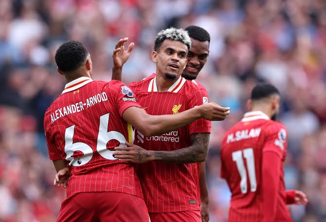 Liverpool players in celebration after scoring a goal. Photo Credit- BBC sports
