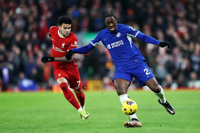 Liverpool's forward, Luis Diaz with a tackle against Chelsea's defender, Axel Disasi in 2023/24 EPL match. Photo Credit- NBC sports/YouTube