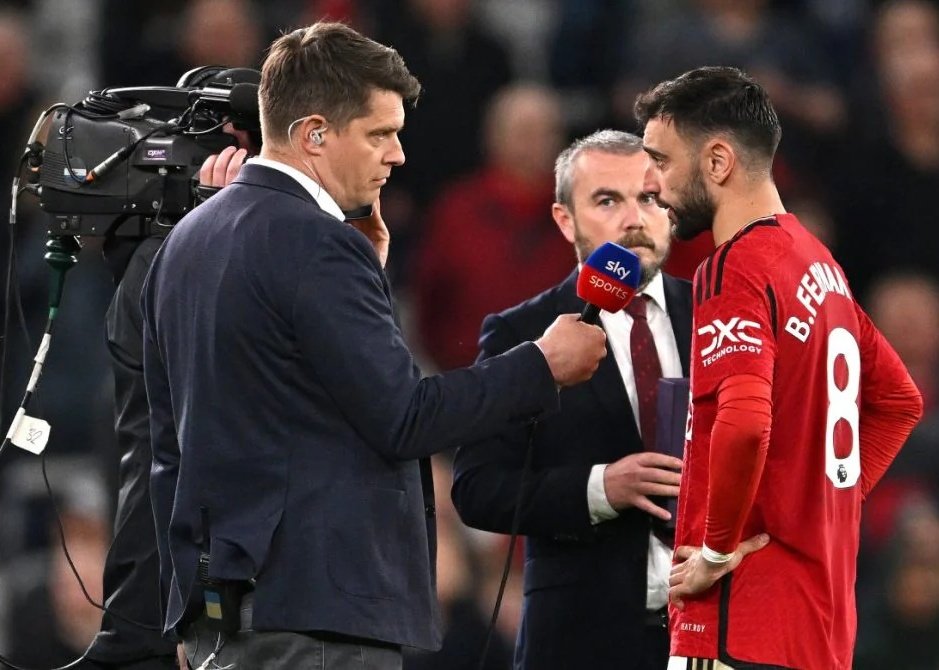 Manchester United midfielder and captain Bruno Fernandes in a post-match interview with SkySports reporter. Photo Credit- Skysports/X