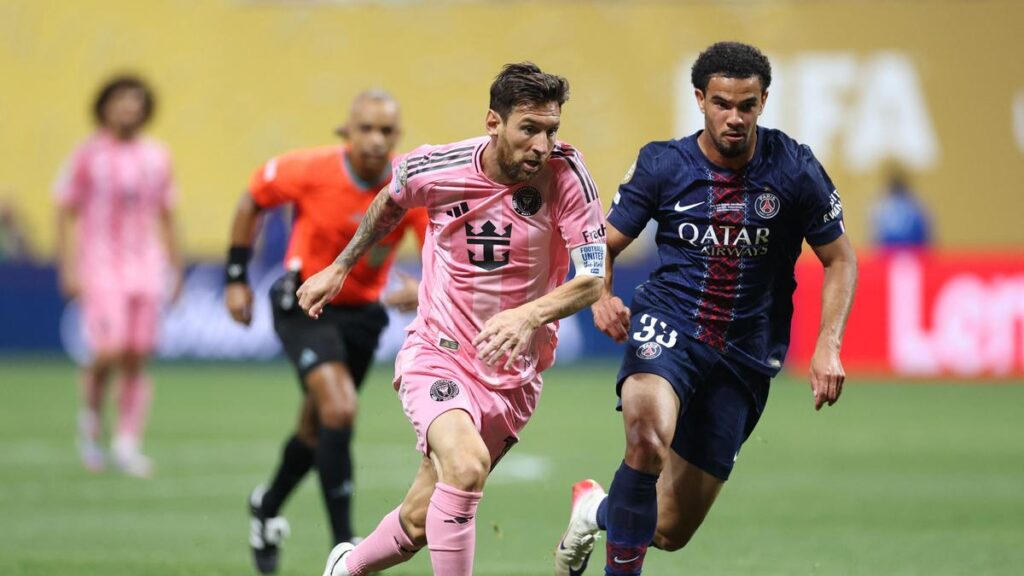 Inter Miami forward Lionel Messi in a tackle against PSG's midfielder, Warren Zaire-Emery in the 2025 FIFA CWC round of 16 clash. Photo Credit- Sportskeeda