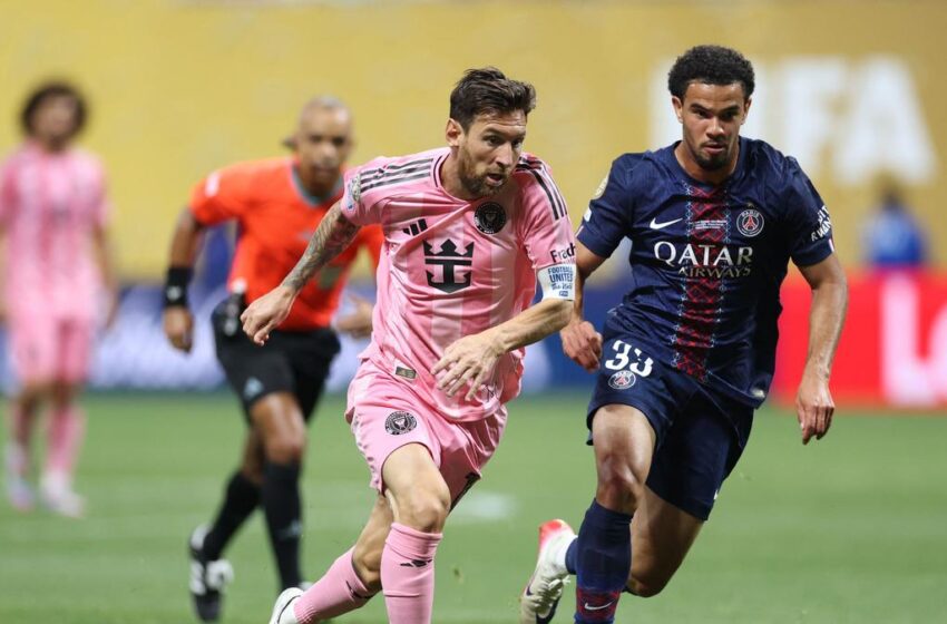 Inter Miami forward Lionel Messi in a tackle against PSG's midfielder, Warren Zaire-Emery in the 2025 FIFA CWC round of 16 clash. Photo Credit- Sportskeeda