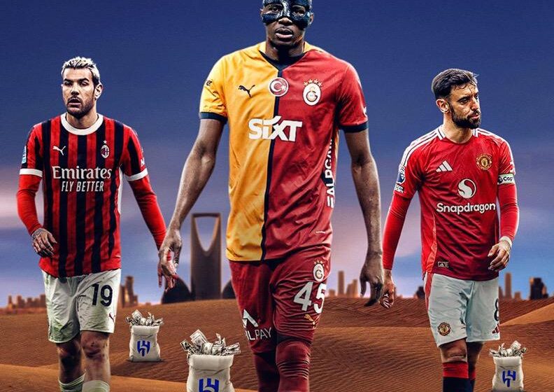 AC Milan's Theo Hernandez (left), Napoli's Victor Osimhen (center), and Manchester United's Bruno Fernandes (right) as players who have rejected Al-Hilal deal. Photo Credit- BR Football/X