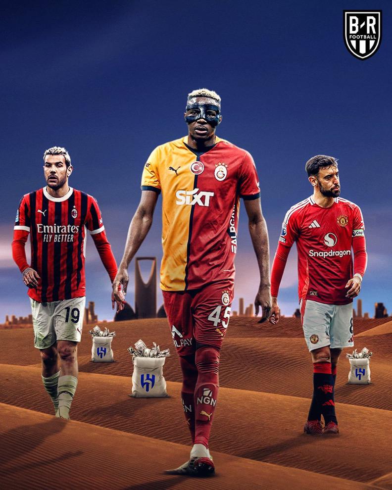 AC Milan's Theo Hernandez (left), Napoli's Victor Osimhen (center), and Manchester United's Bruno Fernandes (right) as players who have rejected Al-Hilal deal. Photo Credit- BR Football/X