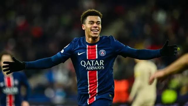 France and PSG forward, Desire Doue in celebration after scoring a Champions League goal. Photo Credit-Goal.com