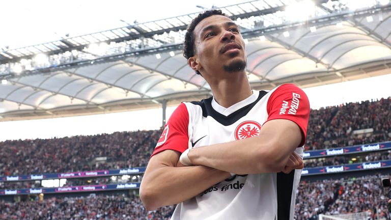 Frankfurt forward, Hugo Ekitike in celebration after netting a goal. Photo Credit- Sky Sports