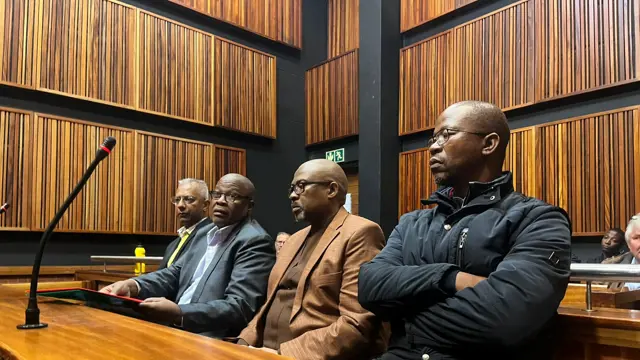 Former Transnet executives (from left to right), Anoj Singh, Brian Molefe, Siyabonga Gama and Thamsanqa Jiyane appeared in the Palm Ridge Magistrates Court on 30 June 2025 on corruption, fraud and money laundering charges. Picture: Alpha Ramushwana/EWN