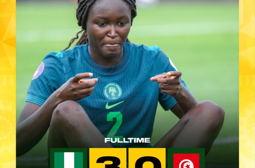 Super Falcons, Rinsola Babajide forward celebrating her goal against Tunisia. Photo Credit- Super Falcons/X