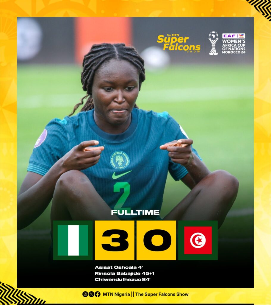 Super Falcons, Rinsola Babajide forward celebrating her goal against Tunisia. Photo Credit- Super Falcons/X