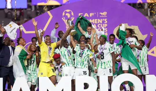Nigeria's Super Falcons in celebration after winning Morocco's Atlas Lionesses in 2025 WAFCON final. Photo. CAF online