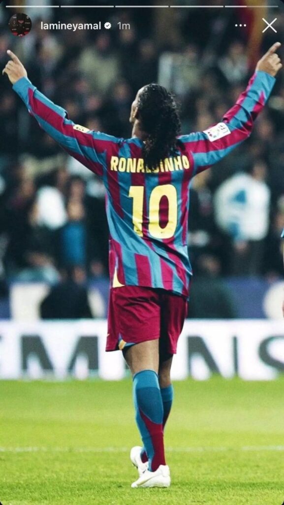 An Instagram Story Screenshot of Lamine Yamal, showing the Barcelona Legend, Ronaldinho