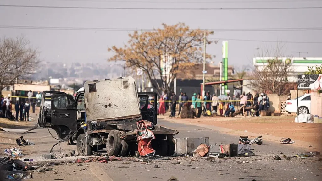 A cash-in-transit vehicle pictured after an explosion on Mahoro Street in Thokoza, Ekurhuleni, on 28 July 2025. Photo: Jacques Nelles/EW