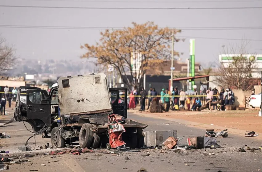 A cash-in-transit vehicle pictured after an explosion on Mahoro Street in Thokoza, Ekurhuleni, on 28 July 2025. Photo: Jacques Nelles/EW