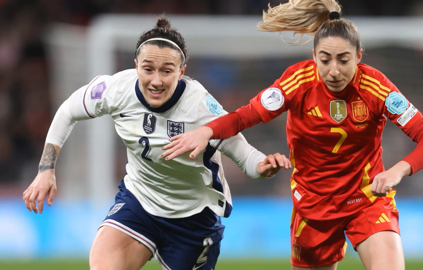England's Lucy Bronze with a tackle against Spain's midfielder Olga Carmona. Photo Credit- Skysports