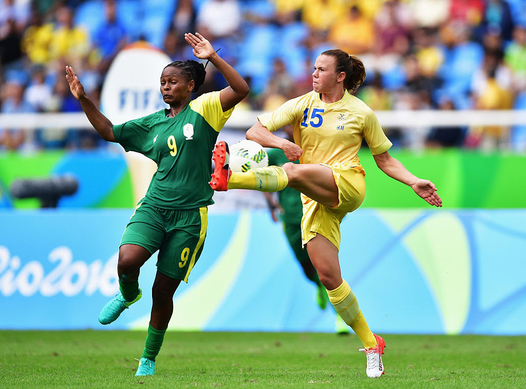 Jessica Samuelsson of Sweden is challenged by Amanda Dlamini of South Africa during the Olympic Women’s Football match between Sweden and South Africa during the at Olympic Stadium on August 3, 2016 in Rio de Janeiro, Brazil. Credit: Getty Images.