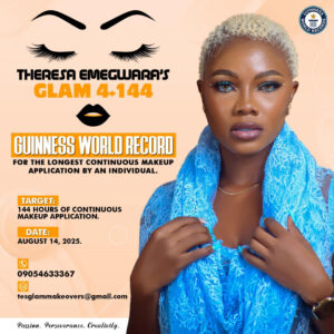 TesGlam gears up to break Guinness World Record with 144-hour makeup marathon – a celebration of Nigerian creativity and resilience.