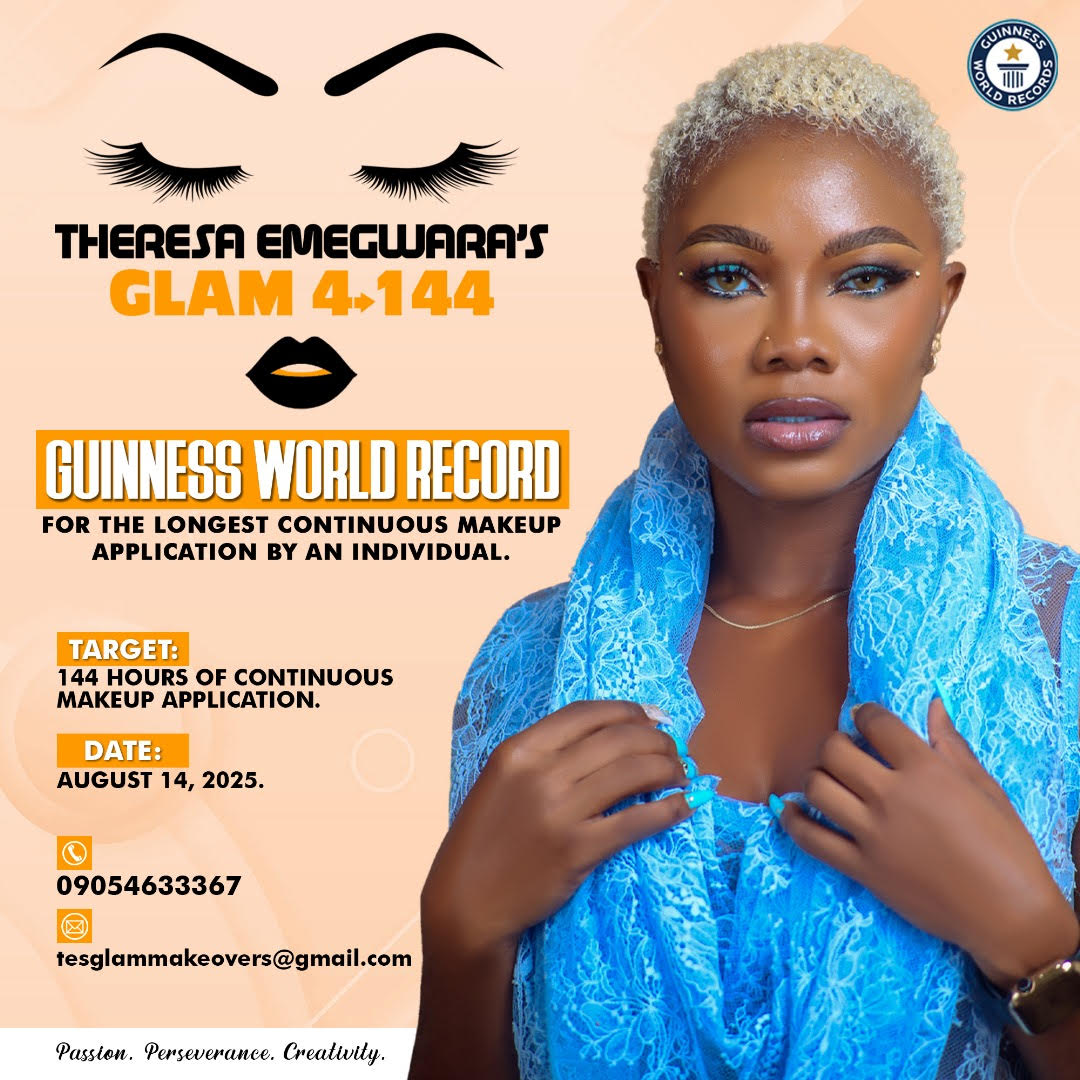 TesGlam gears up to break Guinness World Record with 144-hour makeup marathon – a celebration of Nigerian creativity and resilience.