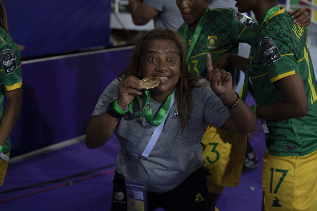 Banyana Banyana manager Desiree Ellis celebrates her teams win at the 2022 Women's Africa Cup of Nations.