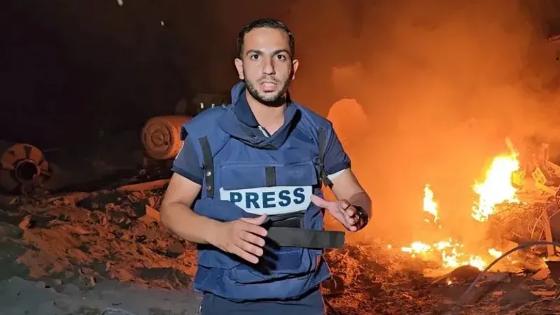 Wreckage of Al Jazeera’s media tent outside Al-Shifa Hospital after Israeli airstrike that killed five journalists.