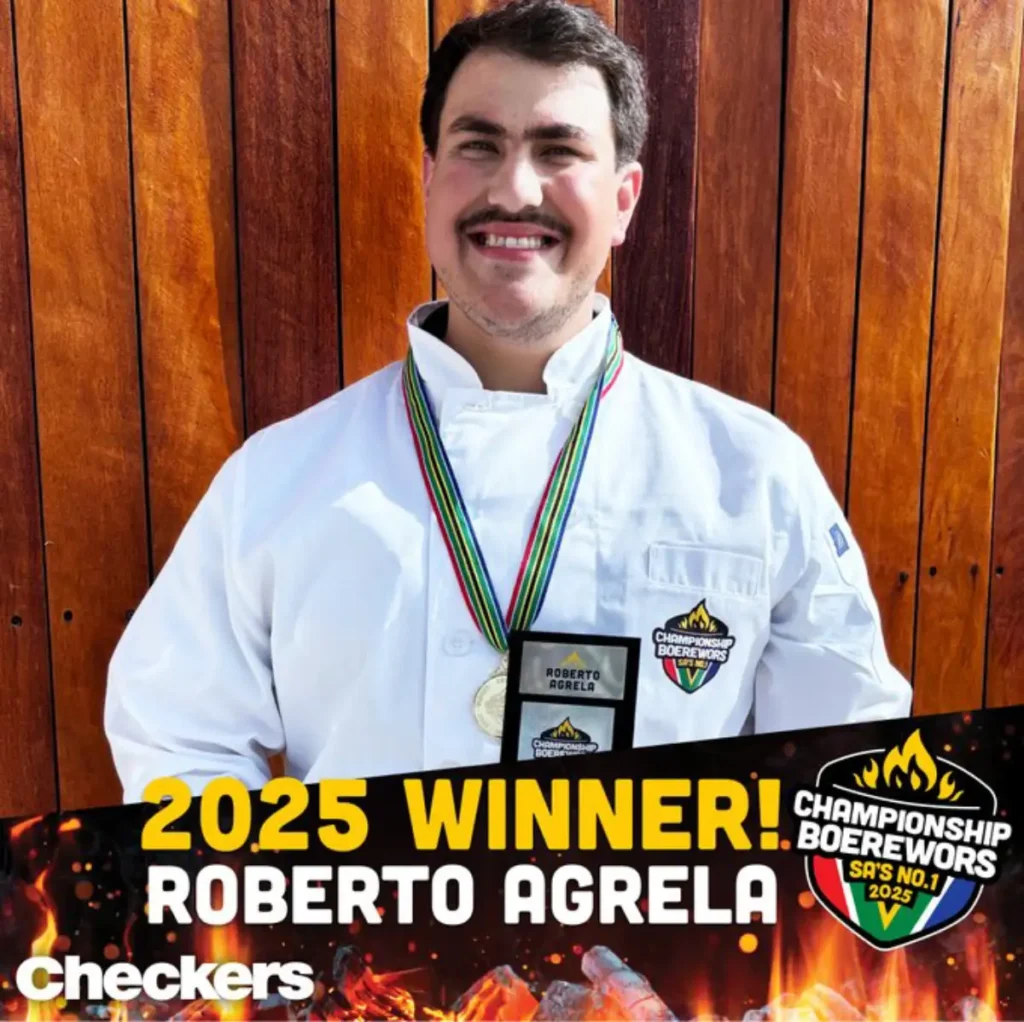 From selling cars to making sausages: Roberto-Rui Agrela celebrates his 2025 Championship Boerewors victory.
