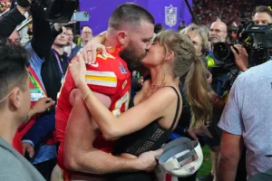 Travis Kelce and Taylor Swift after the Kansas City Chiefs won the Super Bowl in February 2024. (Erick W. Rasco/Sports Illustrated via Getty Images)