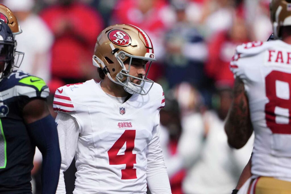 49ers kicker Jake Moody made one of his three field-goal attempts against the Seahawks on Sunday in Seattle. Image Credit: Lindsey Wasson/Associated Press