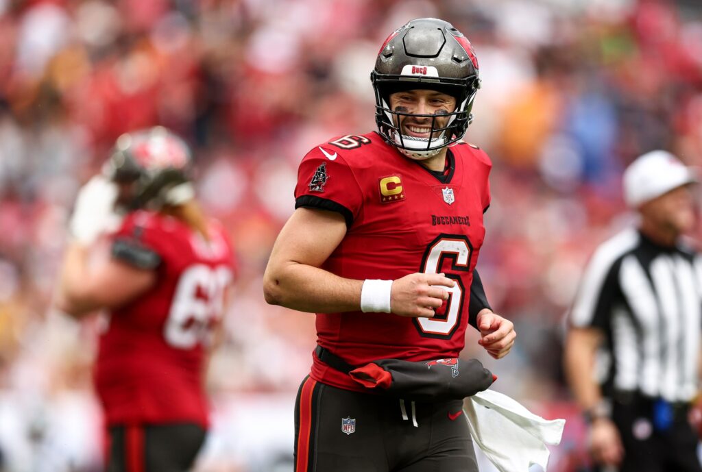 Tampa Bay Buccaneers' Baker Mayfield. Image Credit: Kevin Sabitus/Getty Images
