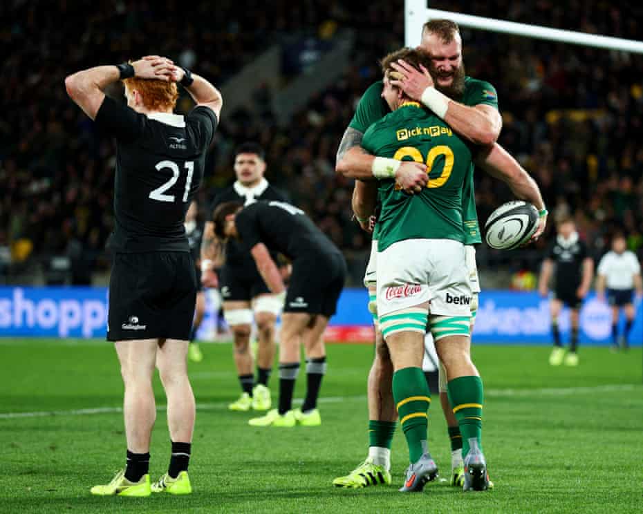 South Africa's rugby team, Springbok in celebration after defeating New Zealand. Photo Credit- The Guardian