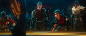 (L-R): Alexei Shostakov/ Red Guardian (voiced by David Harbour), Yelena Belova (voiced by Florence Pugh), Kamala Khan (voiced by Iman Vellani) and Blade Knight (voiced by Todd Williams) in Marvel Animation’s ‘Marvel Zombies’ on Disney+.Marvel