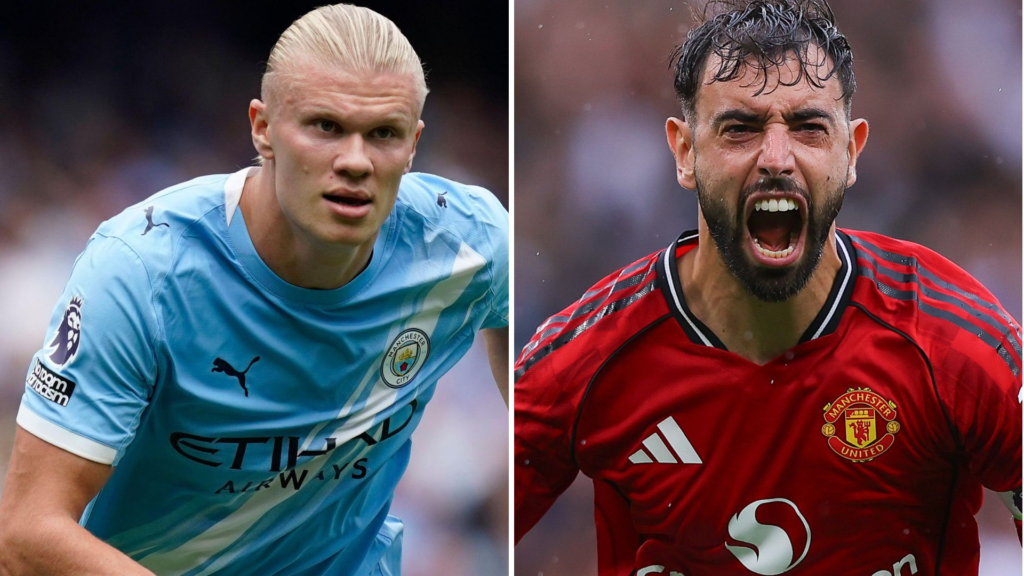 Man City forward, Erling Haaland (left) and Man United midfielder Bruno Fernandes (right). Photo Credit- The Sun