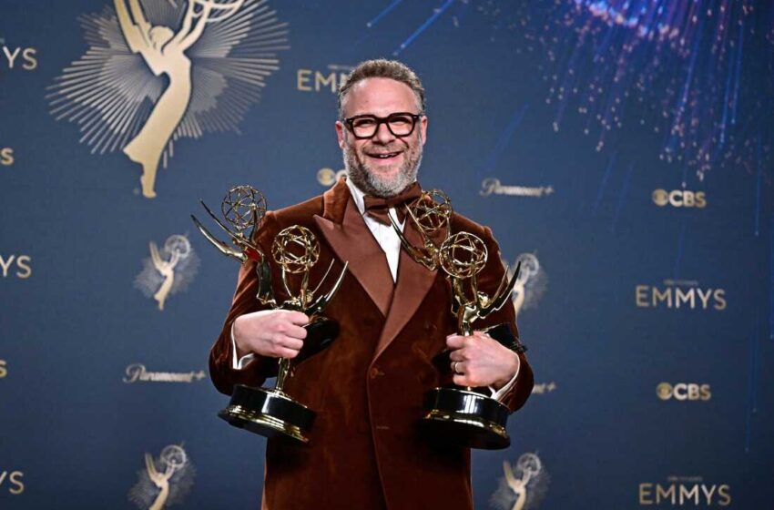 Seth Rogen poses with Emmys awarded to his comedy The Studio on Sunday night. Image Credit: Frederic J. Brown/AFP via Getty Images Emmy Winners 2025