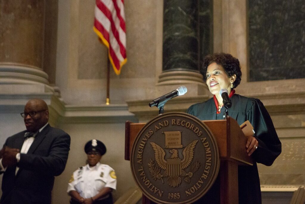 Judge Tanya S. Chutkan provides closing remarks to conclude a naturalization ceremony at the National Archives in Washington on Sept. 17, 2019. Image Credit: Jeffrey Reed/U.S. National Archives and Records Administration