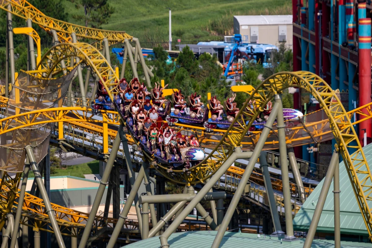 Theme park guests enjoy a ride on Stardust Racers within Celestial Park at Universal Epic Universe. Image Credit: Patrick Connolly/Orlando Sentinel/Tribune News Service via Getty Images