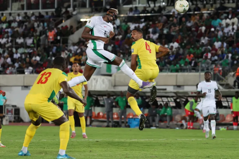 Super Eagles striker, Victor Osimhen with a towering attempted header. Photo Credit- Aljazeera