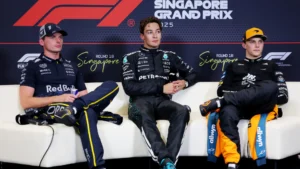 George Russell (centre) finished on pole, with Max Verstappen (left) second and Oscar Piastri  (right) third. Image Credit: F1