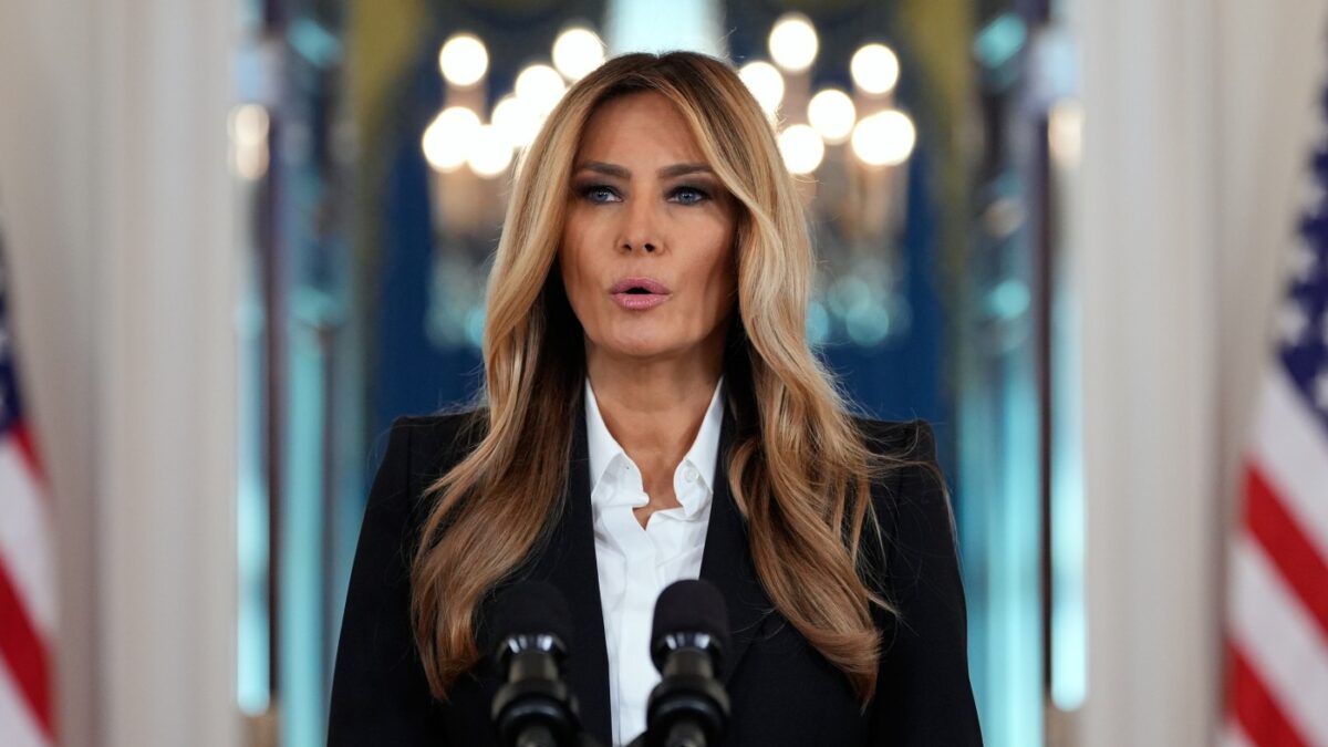 First lady Melania Trump speaks in the Grand Foyer of the White House, Oct. 10, 2025, in Washington. Image Credit: Alex Brandon/AP