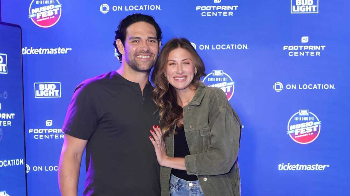 Actress Perry Mattfeld and FOX game analyst Mark Sanchez. Image Credit: Anna Webber/Getty Images