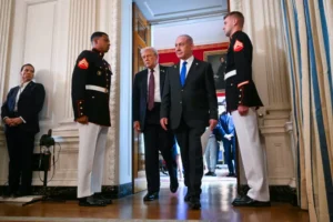 President Donald Trump and Israeli Prime Minister Benjamin Netanyahu leave the State Dining Room of the White House after a press conference in Washington, DC, on September 29. Image Credit: Jim Watson/AFP/Getty Images