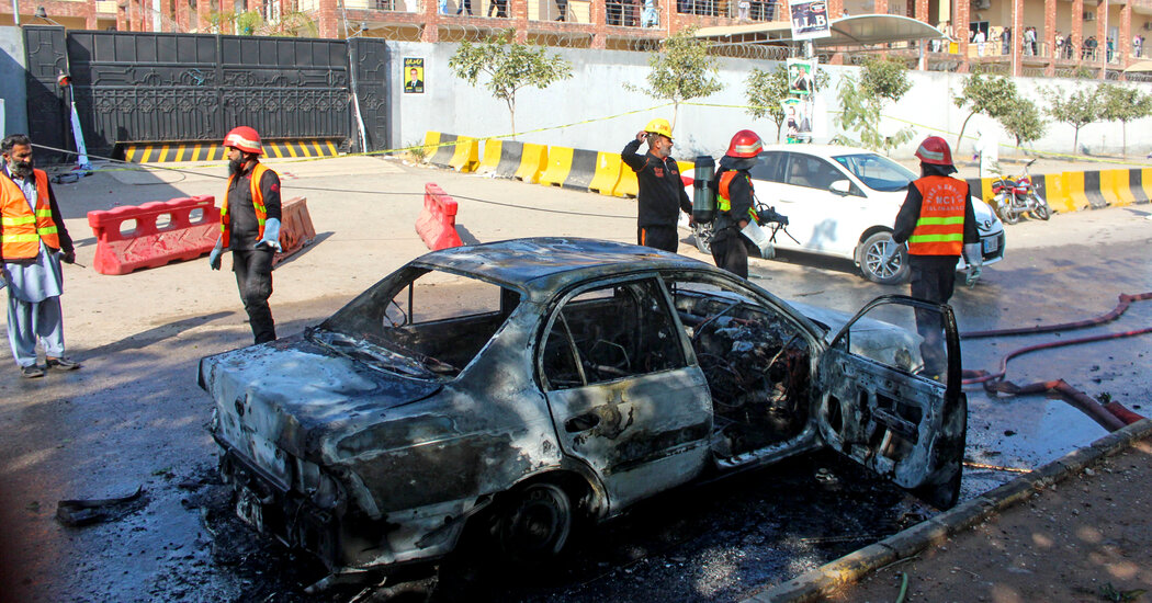Firefighters at the site of an explosion in Islamabad, Pakistan, on Tuesday. Image Credit: Agence France-Presse/Getty Images