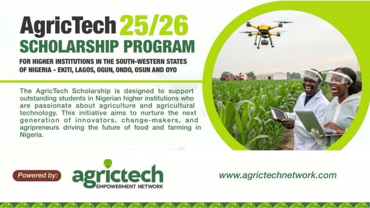 Apply for the AgriTech Undergraduate 2026 Scholarship in Nigeria.