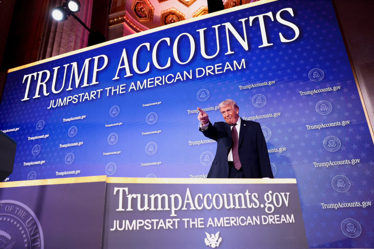 U.S. President Donald Trump points a finger onstage at the U.S. Treasury Department's Trump Accounts Summit, in Washington, D.C., U.S. January 28, 2026. REUTERS/Kevin Lamarque