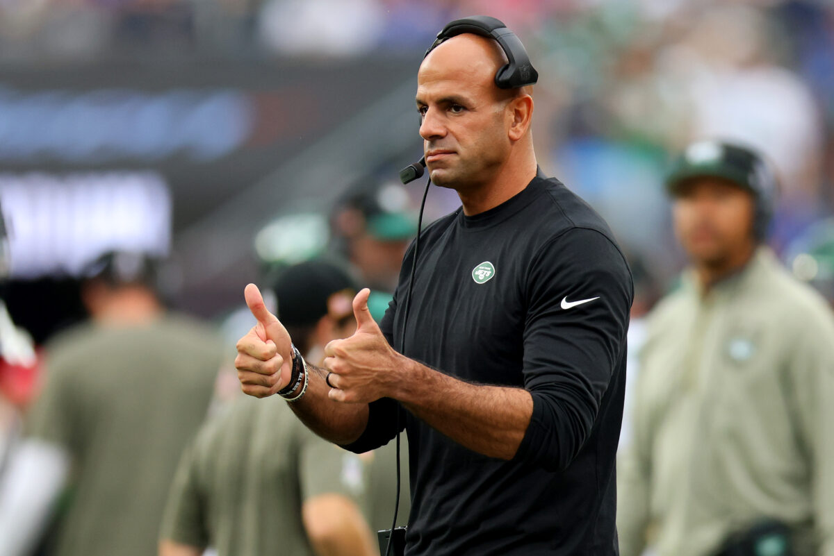 EAST RUTHERFORD, NEW JERSEY - NOVEMBER 06: Head coach Robert Saleh of the New York Jets looks on during the second half of a game against the Buffalo Bills at MetLife Stadium on November 06, 2022 in East Rutherford, New Jersey. Image Credit: Mike Stobe/Getty Images